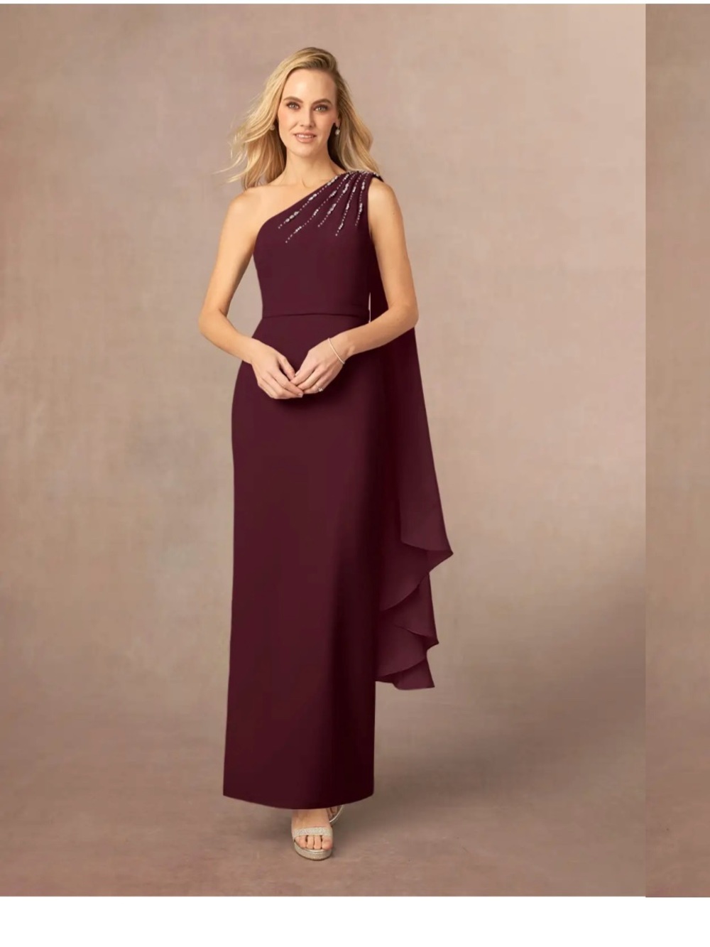 One-Shoulder Beaded Burgundy Evening Gown with Draped Cape Maxi Dress